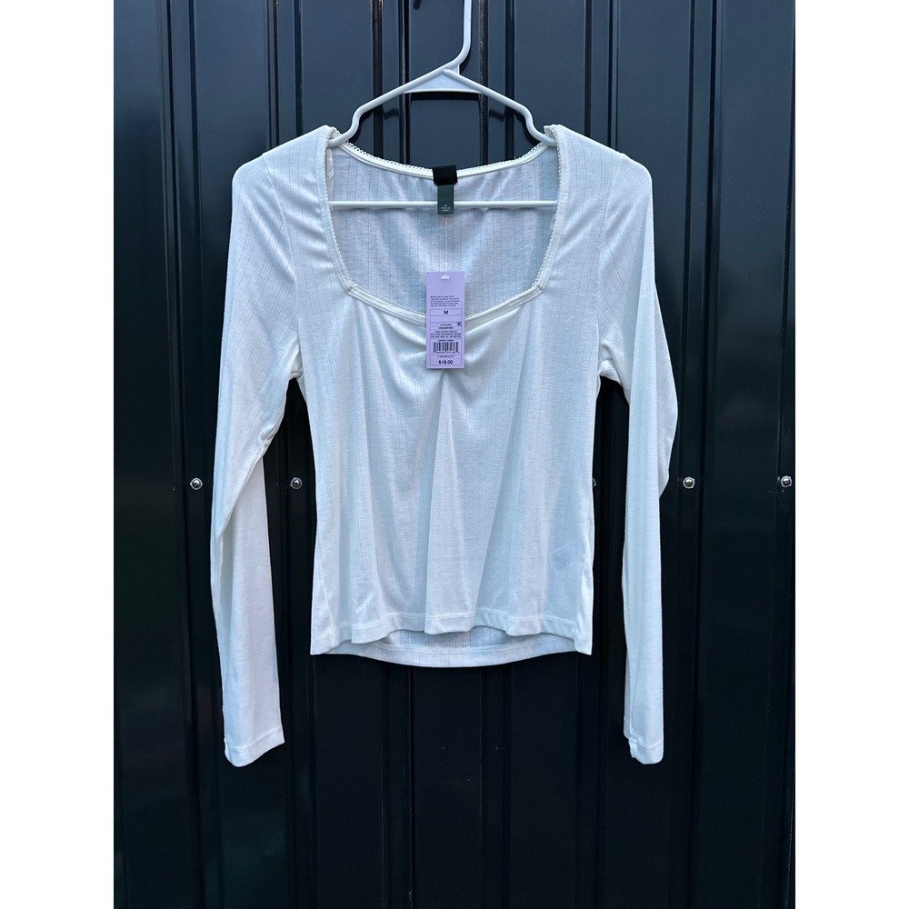 Wild Fable Cream Pointelle Long Sleeve Sweetheart Neck Top White Medium NWT